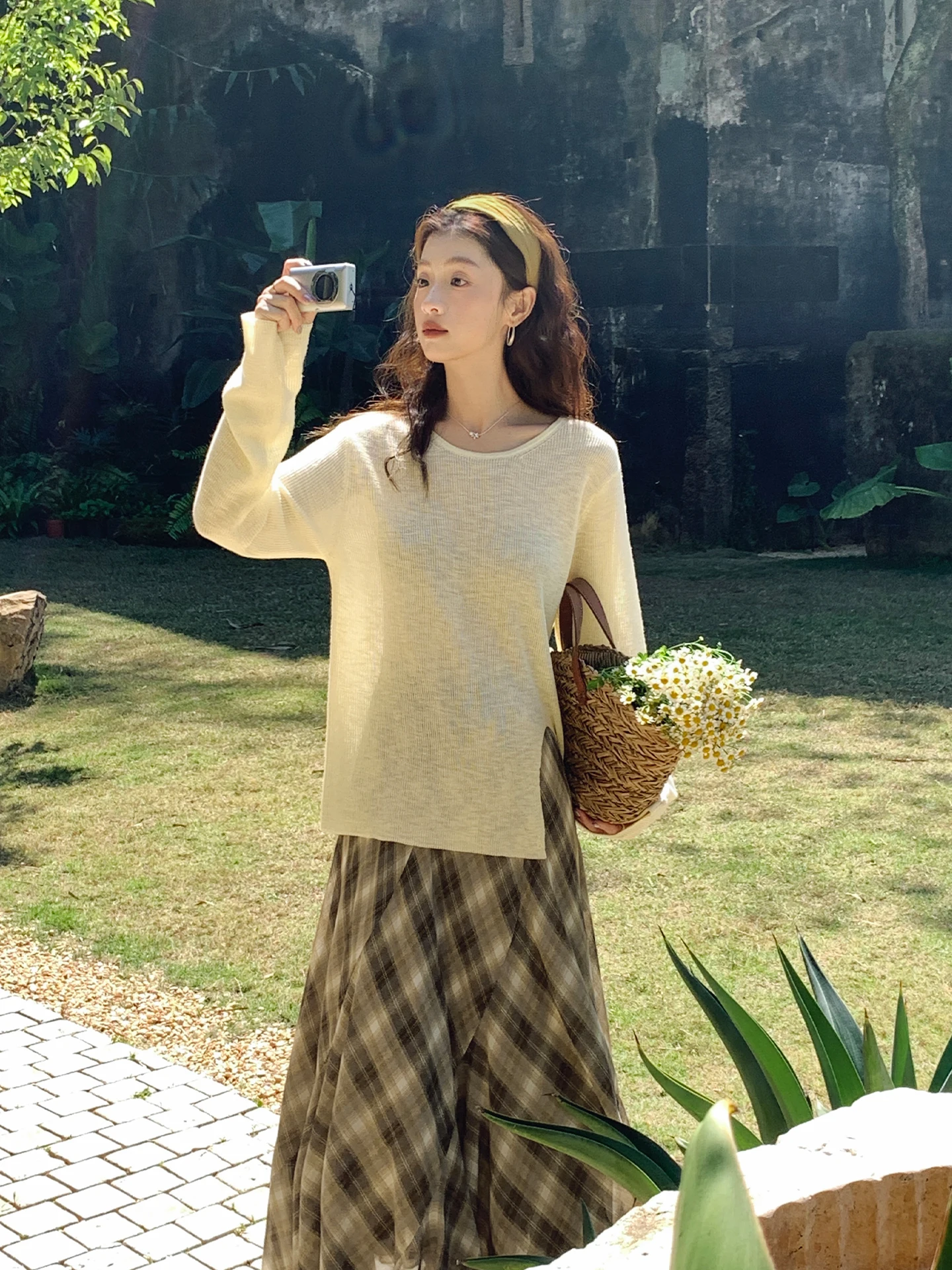 

Мягкая желтая вязаная туника с длинными рукавами и круглым вырезом, свободного кроя, в корейском стиле, весна-лето, новинка, универсальная, удобная