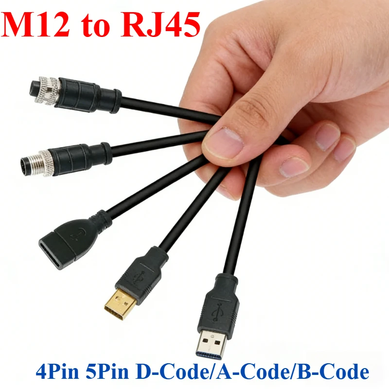 Industrial USB to M12 Male\Female Extension Line USB to M12 Cable Connector 4Pin 5 Pin A/D/B Code to USB Scanner Cable Camera