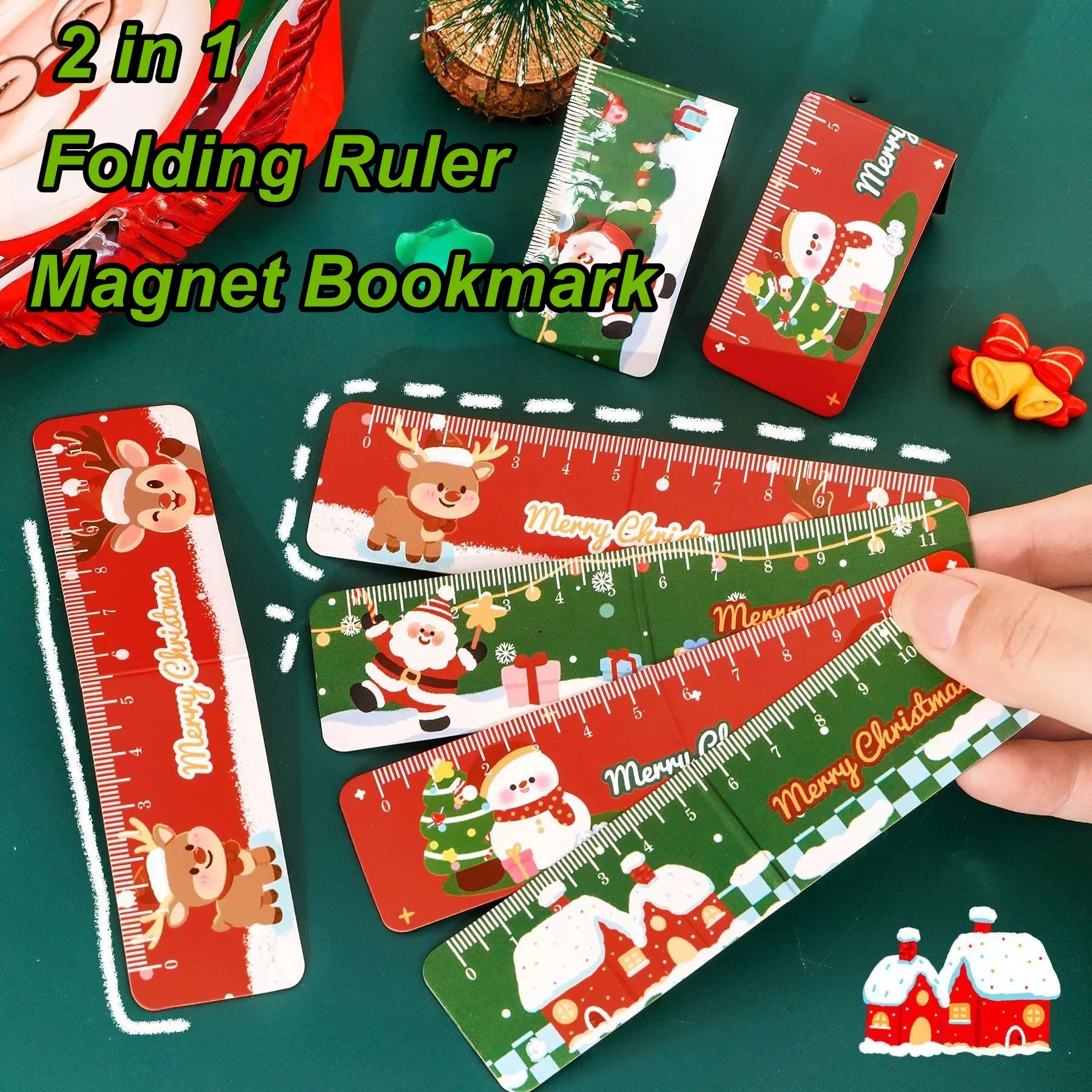 4pcs/set Christmas Magnetic Bookmark Ruler Cute Santa Claus Stationery Gift for Students Christmas Gifts School Office Stationer