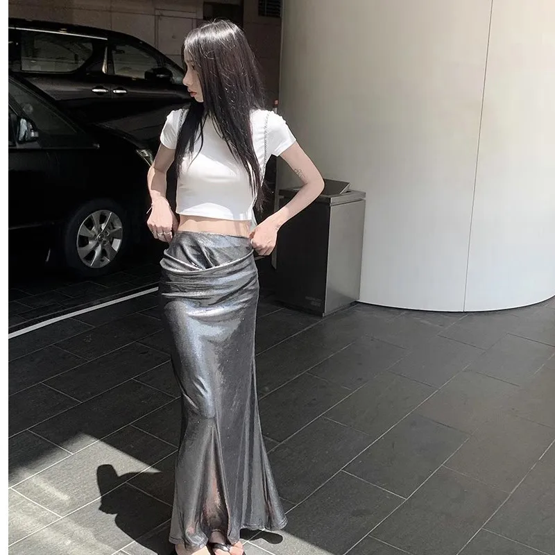 

Advanced Silver Halfskin Dress for Women Autumn High Waist Irregular Mid length Slim Fit Wrapped Hip Fishtail Skirt