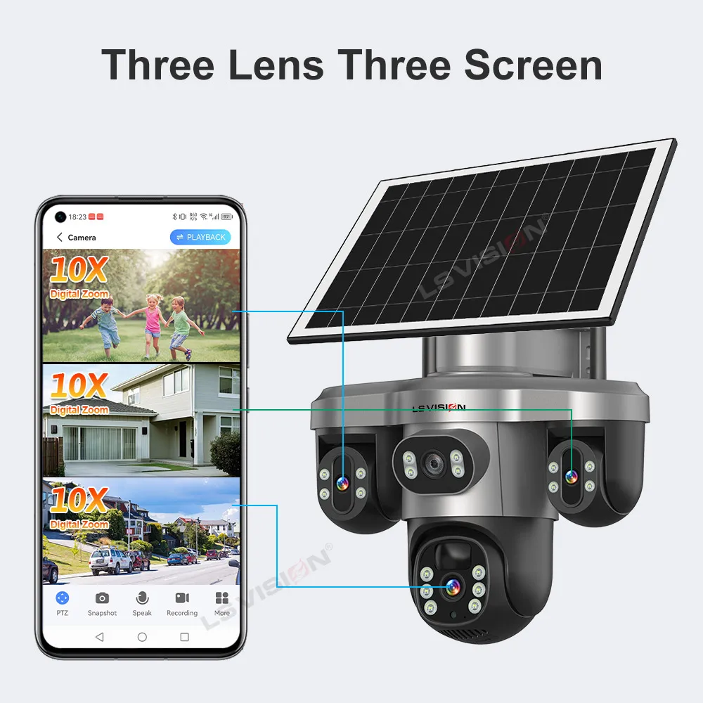 LS VISION 15MP Three PTZ Lens Three Screen 4G Solar Camera Outdoor WiFi 10X Digital Zoom Auto Tracking Security Cameras V380 Pro
