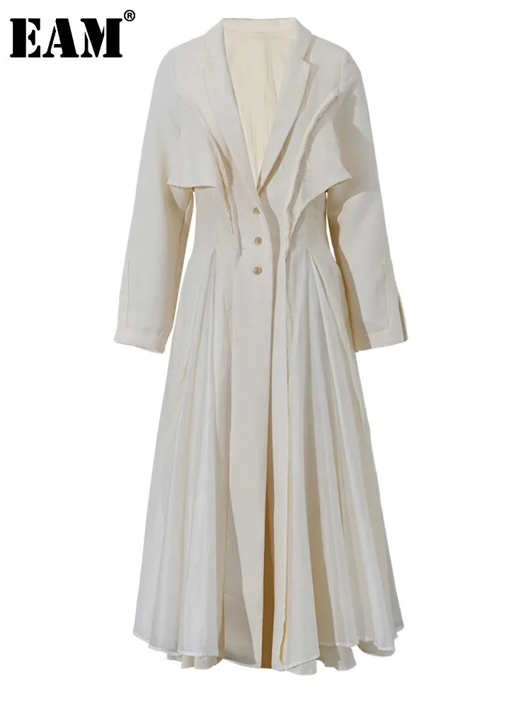 EAM-Robe longue en lin plissé pour femme, col à revers, manches longues, beige, mode marée, printemps, automne, nouveau, 2024, 3W6617