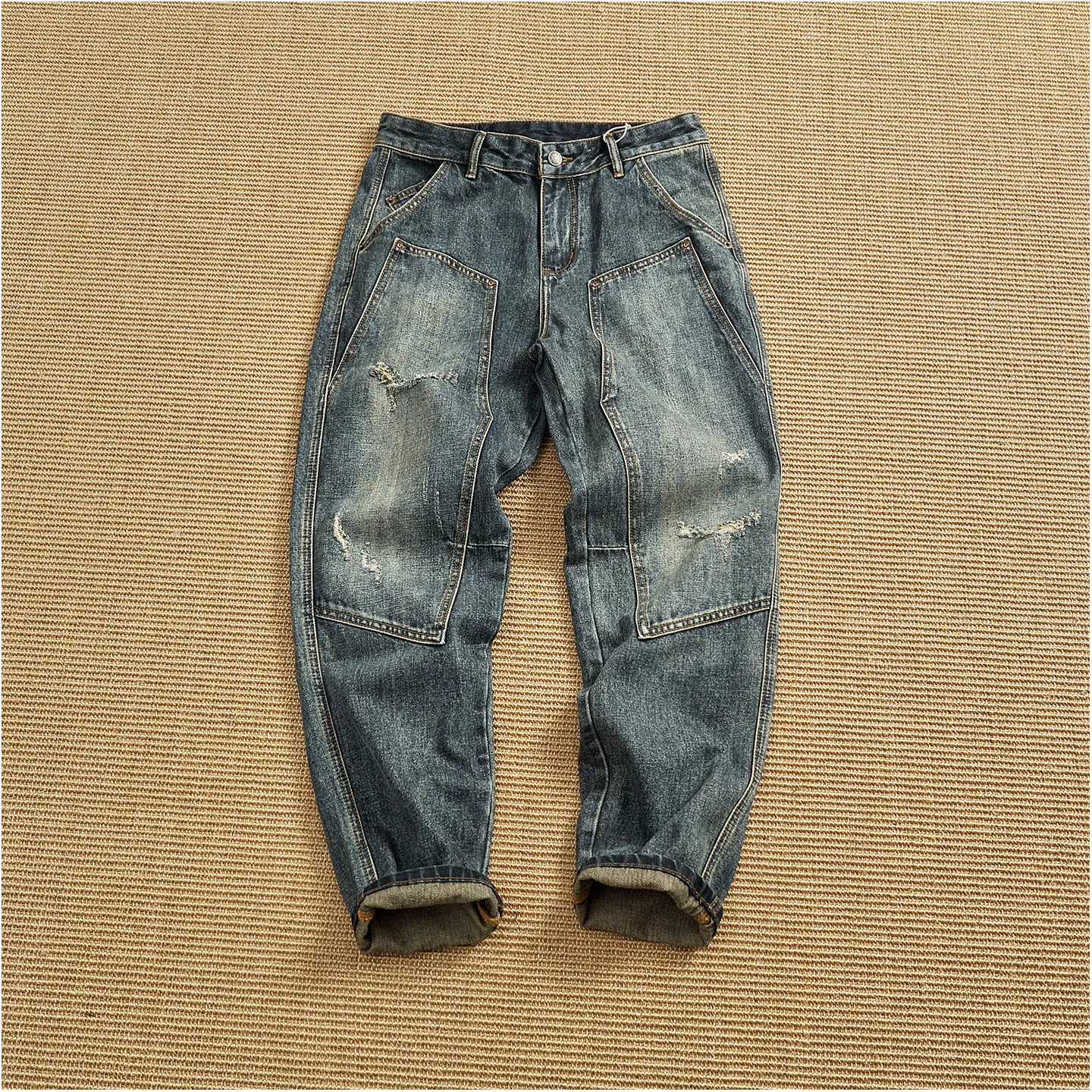 Heavy washed distressed ripped workwear jeans for men all seasons patch small straight tapered retro  pants