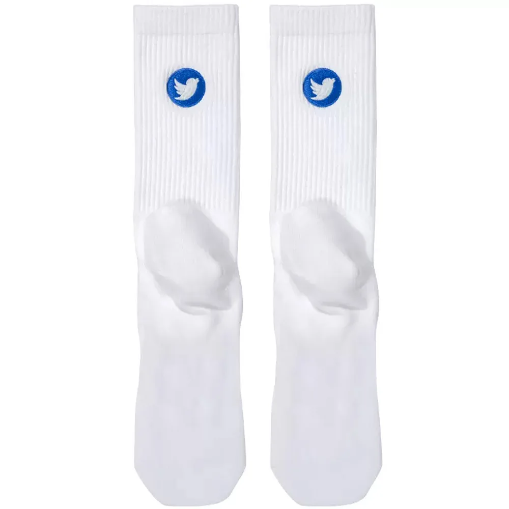 

Men's Blue Bird Twitter Embroidery Pattern Luminous White Thin Four Seasons Tall Cotton Socks