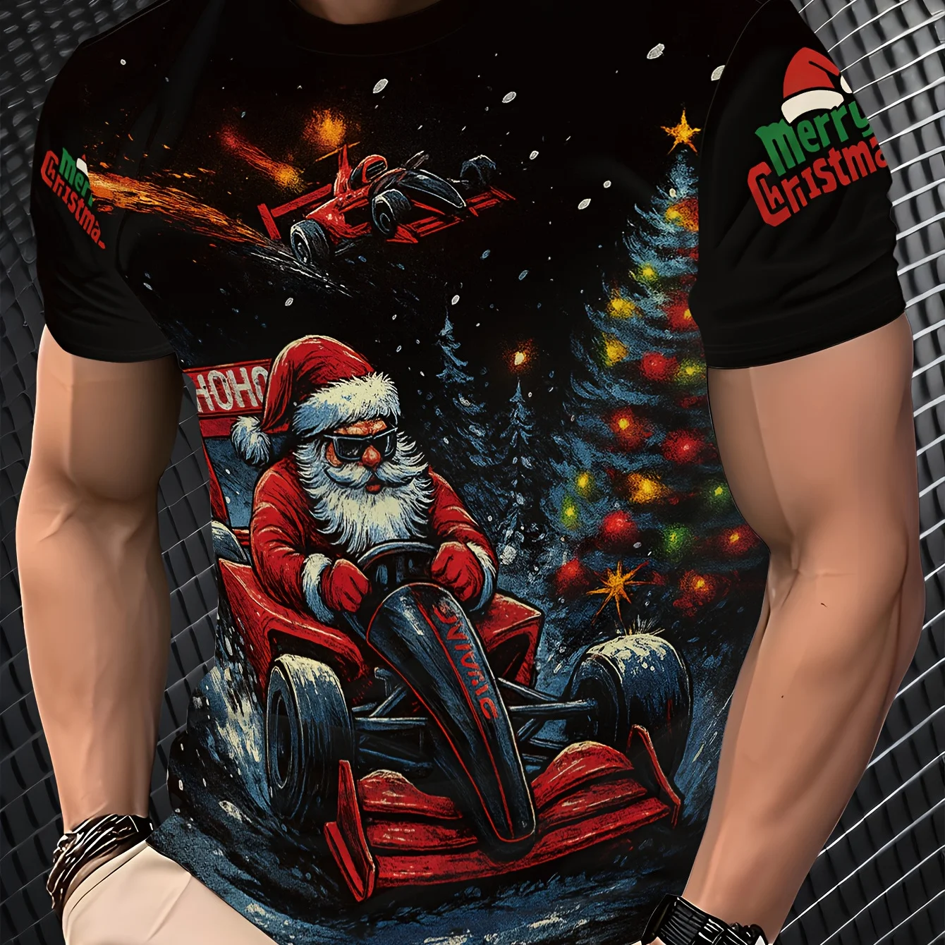 

Christmas Men's T-shirt 3D Motorcycle Santa Printed Crew Neck Short Sleeve Tees Oversized X'mas Element Hots Men Clothing Tops