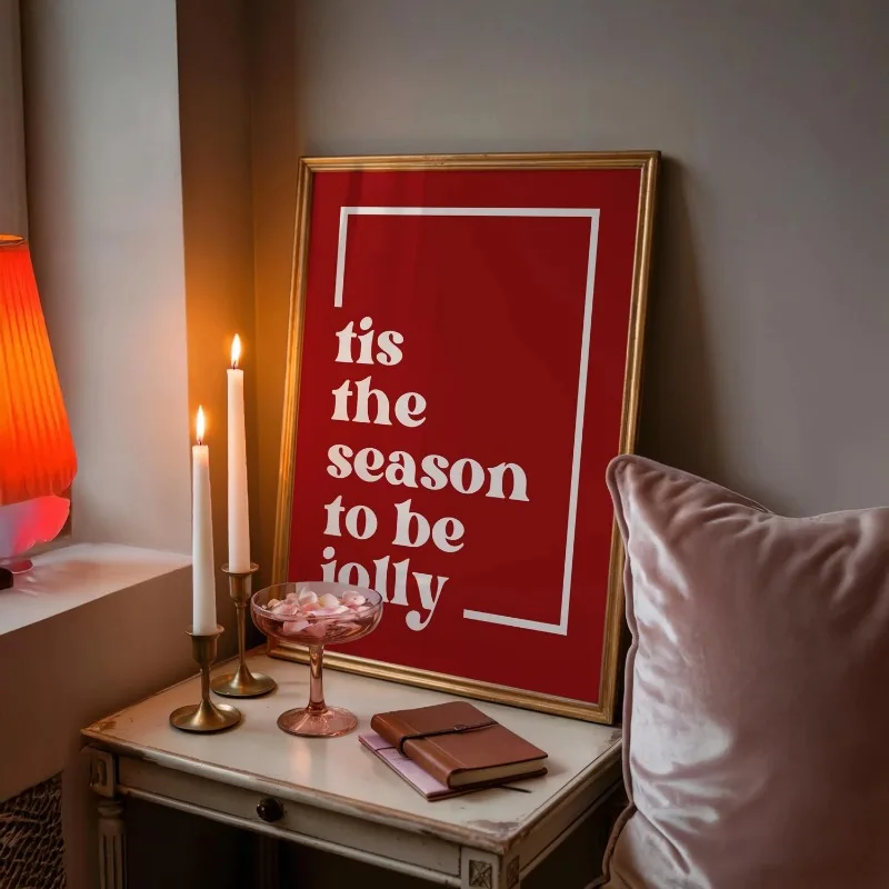 Retro Red Christmas Quote Canvas Wall Art Tis The Season To Be Jolly Holiday Home Decor Wall Print Unframed Canvas Poster