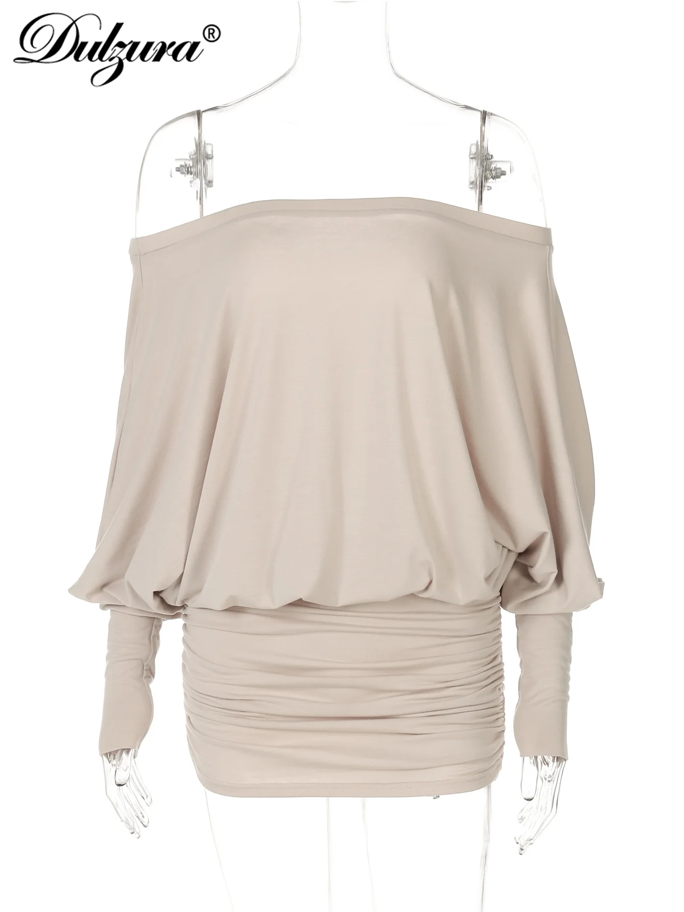 Dulzura 오프 숄더 긴 소매 셔링 패치 워크 미니 드레스 여성의 섹시한 우아한 캐주얼 복장 파티 Clubwear 봄 여름