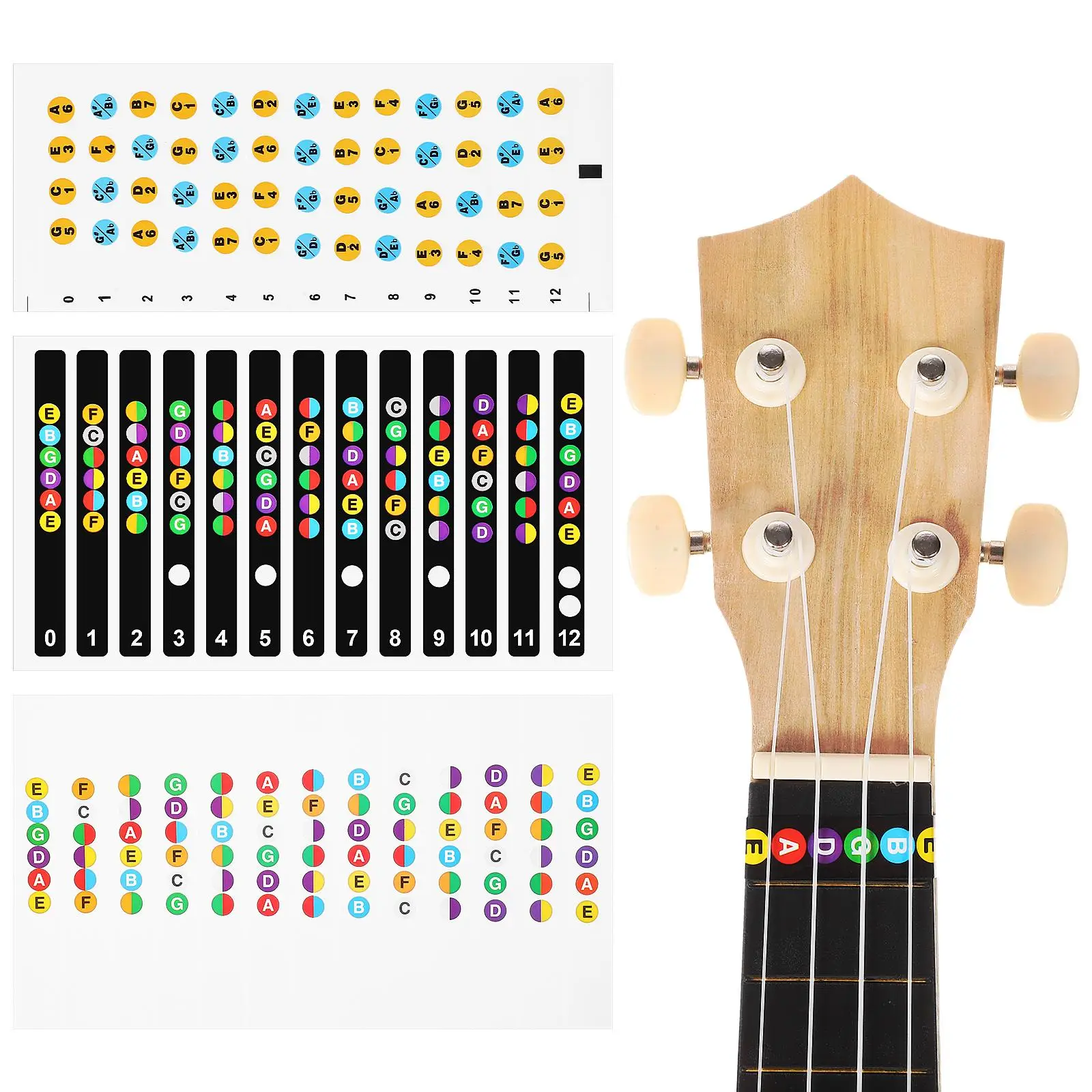 

3pcs Ukulele Guitar Note Stickers Bright Color Easy Apply Peel Off No Residue Fretboard Learning Decals Beginner Musician
