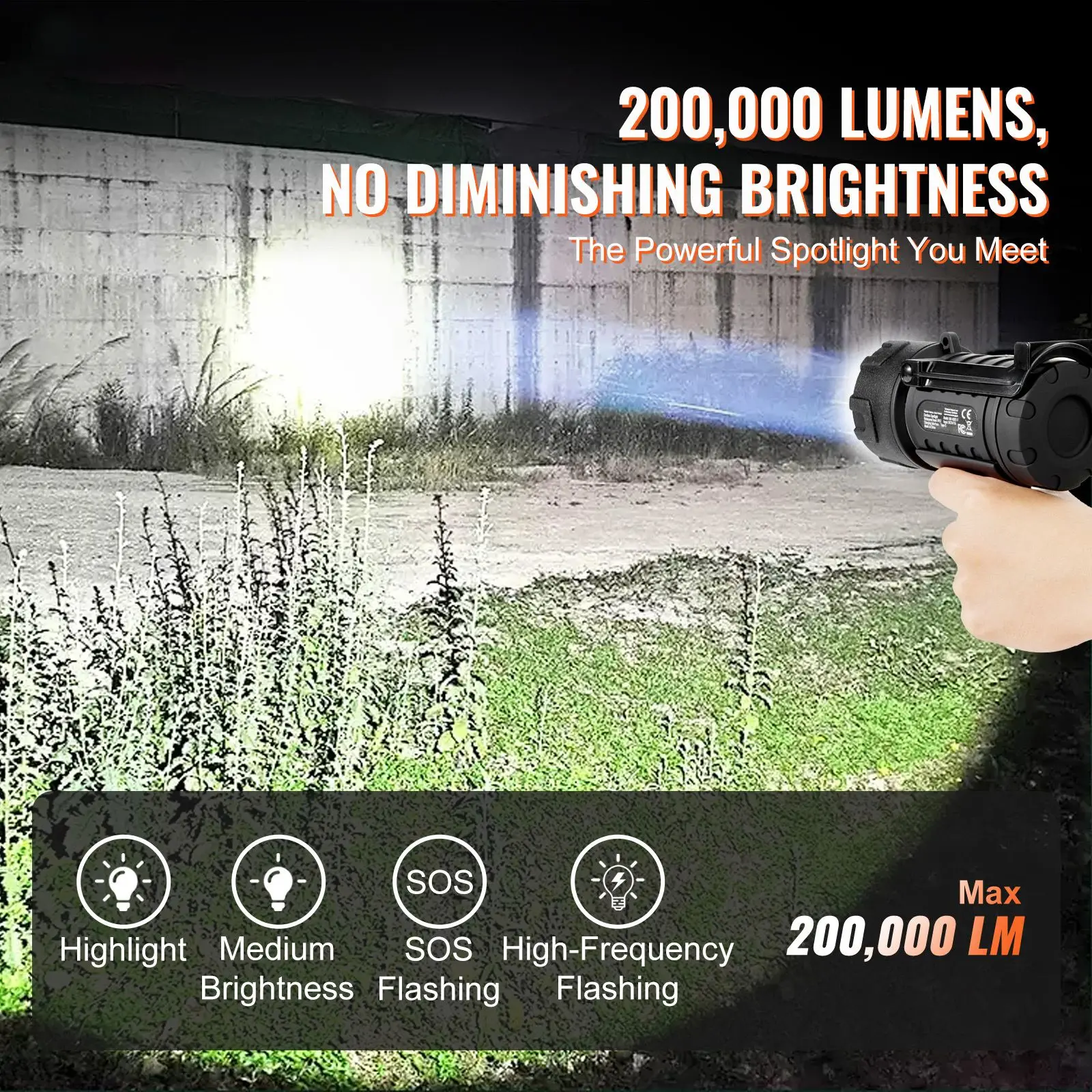 Rechargeable Spotlight Flashlight, 200,000 Lumens, IP67 Waterproof Handheld LED Spot Light, Super Bright Portable Searchlight with 4 Modes Detachable Lens USB Port, for Hunting Boating Camping