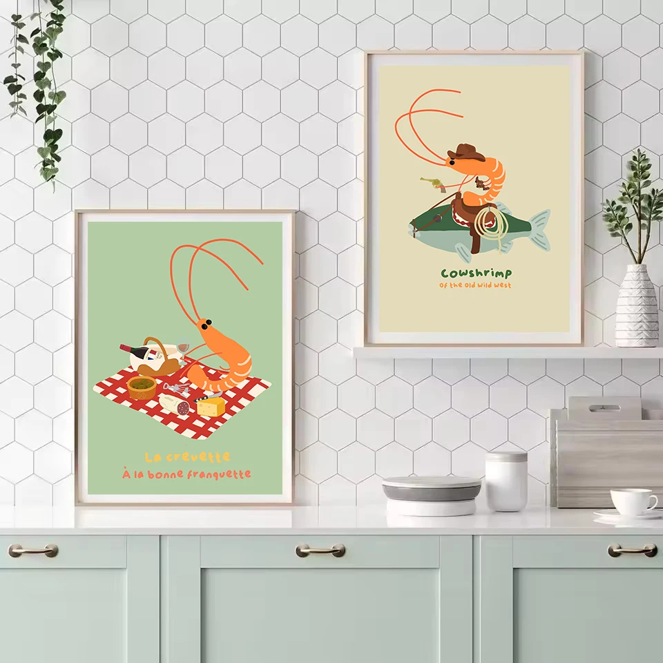 Abstract Kitchen Food Funny Cowboy Shrimp Picnic Cartoon Illustration Poster Canvas Painting Wall Art Pictures Home Decor