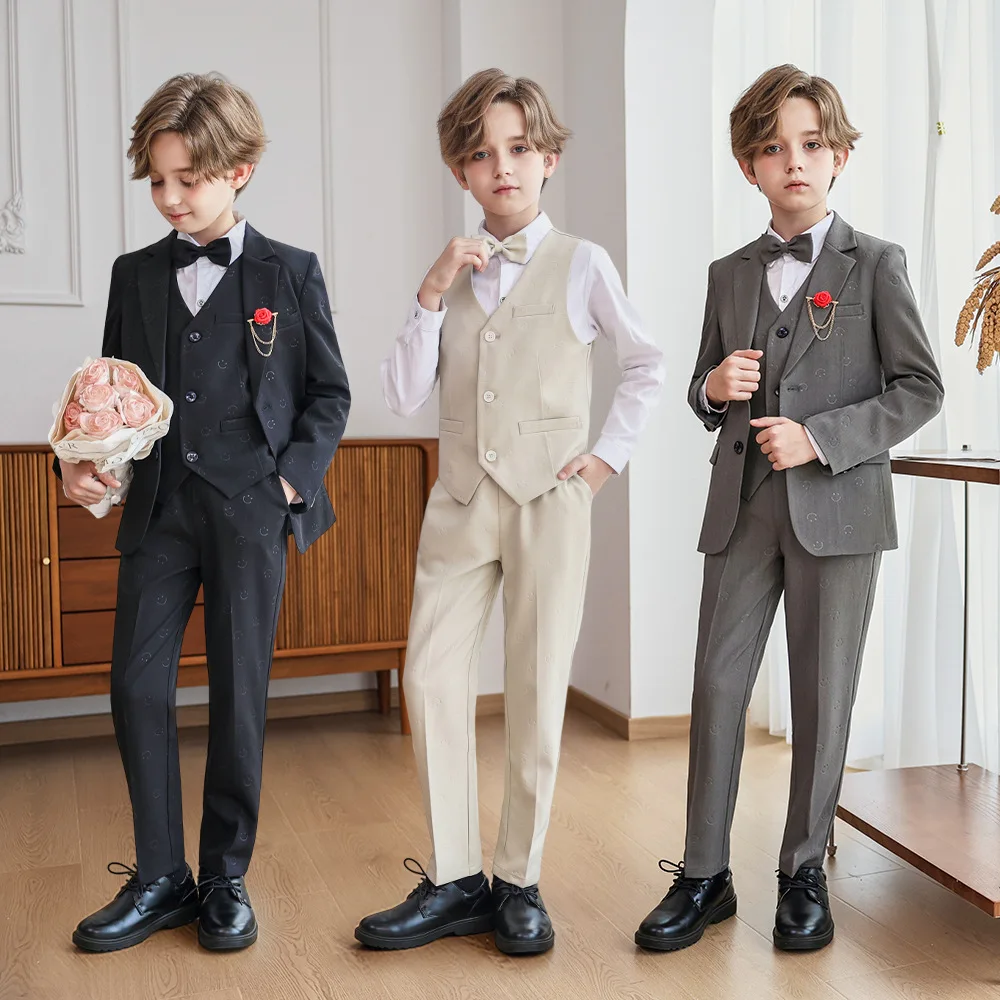 

Children Blazer Festival Costume Kids Formal Wedding Birthday Party Dress Boys Jacket Vest Pants Bowtie Brooch Photography Suit