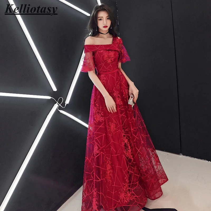 Burgundy Prom Dress Lace Fabruc Full Length Elegant Aline Party Gown Asymmetrical Neckline