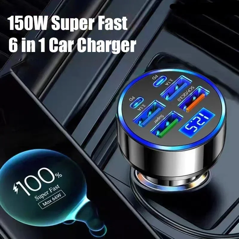 350W PD QC3.0 Digital Display Car Charger Multi Port USB Type C Fast Charging Adapter For iPhone Samsung Huawei Xiaomi Universal