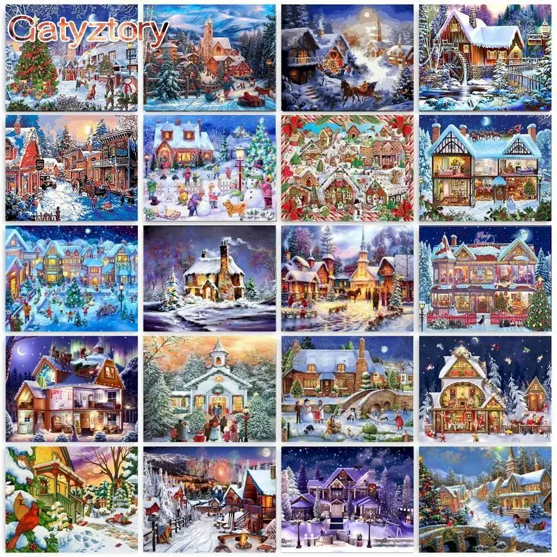 GATYZTORY Frame Diy Painting By Numbers Kits For Adults Kids Christmas House Landscape Paint By Numbers Christmas Decoration