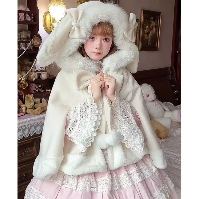 

2025 Japanese Kawaii Vintage Outerwear Clothing Warm Bow Cute Hooded Ponchos Lolita Style Sweet Capes Coat Women Autumn Winter