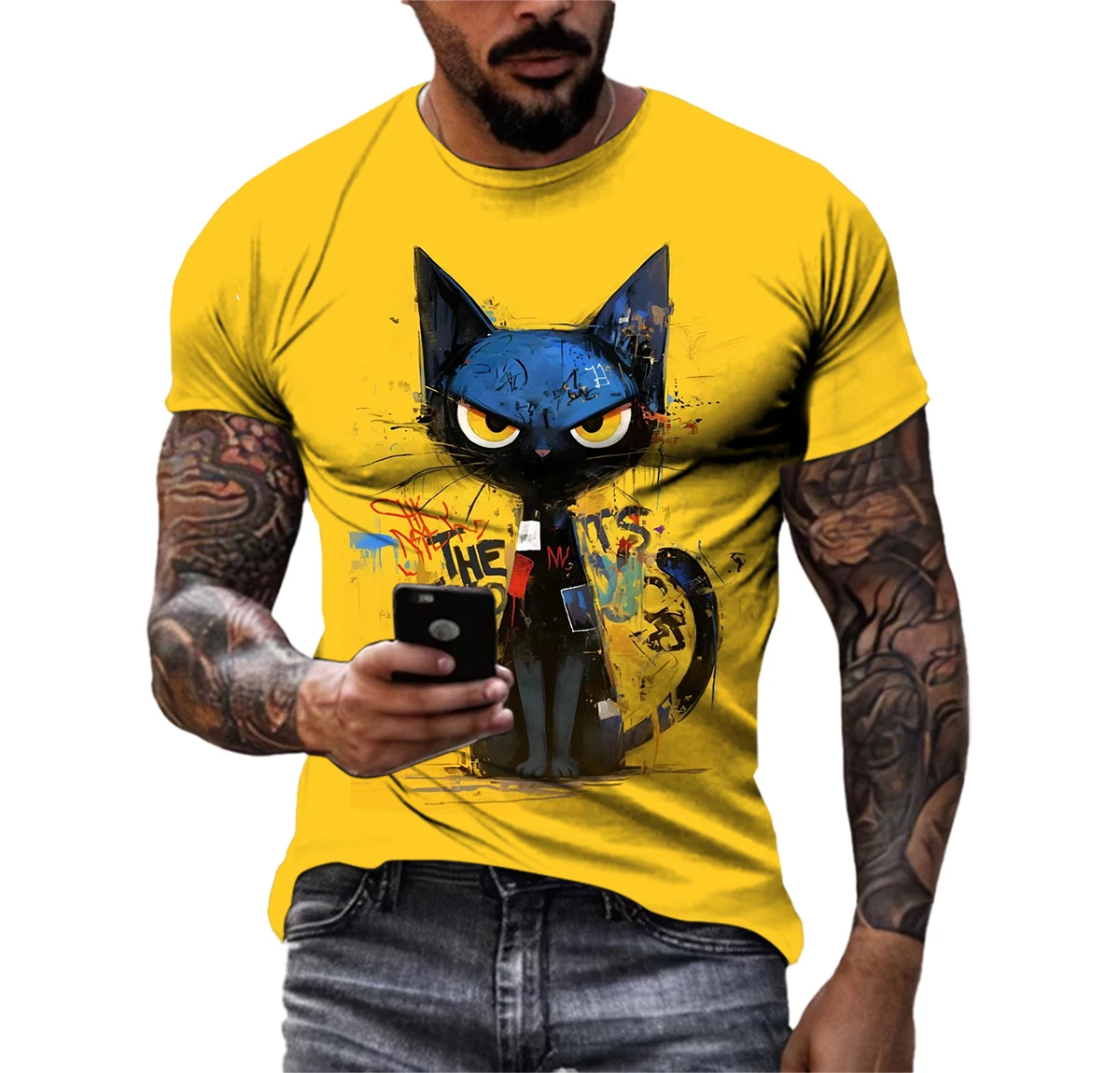 Summer Fashion Casual Cartoon Graffiti Cat Graphic T-shirts For Men New Originality Trend 3D Printed Round Neck Short Sleeve Top