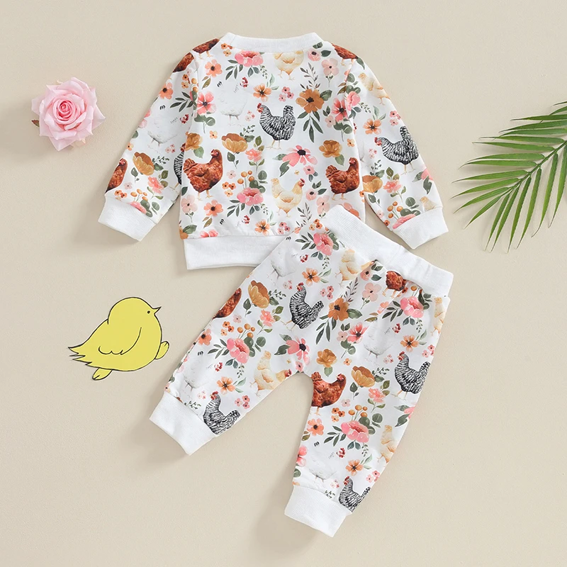 Toddler Baby Girl 2Pcs Fall Clothes Set Cute Flower and Chick Print Long Sleeve Crewneck Tops Elastic Waist Pants Outfit