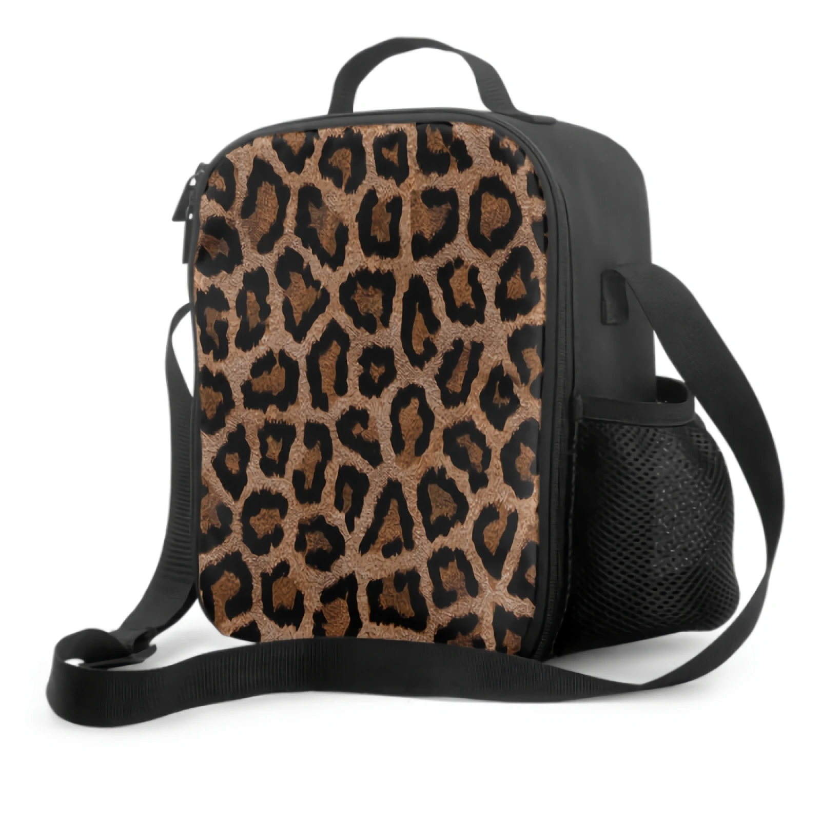 Brown Leopard Print Insulated Thermal Lunch Bags Washable Tote Crossbody Lunch Container Food Carrier for School Travel Work