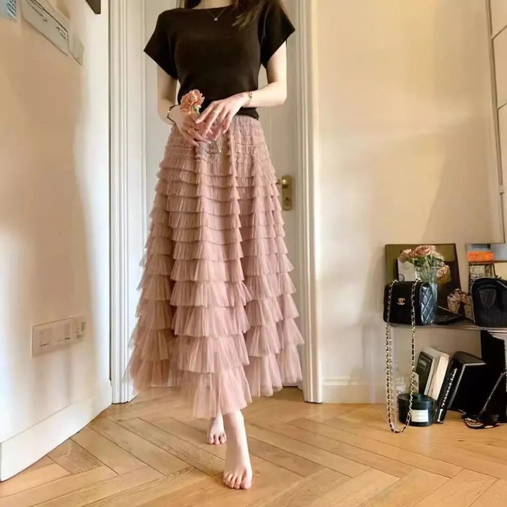 

Elegant Mesh Lotus Leaf Skirt Fluffy Slimming Long Design for Spring Summer Sexy Cake Style Celebrity Fashion