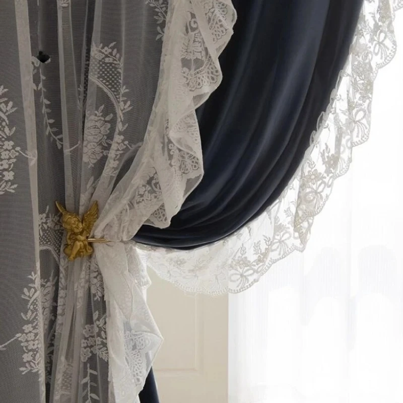 Luxury French Rococo Silk Velvet Curtain Custom Blackout Drapes Royal Lace Trim for Living Room Bedroom Palace Fashion Decor