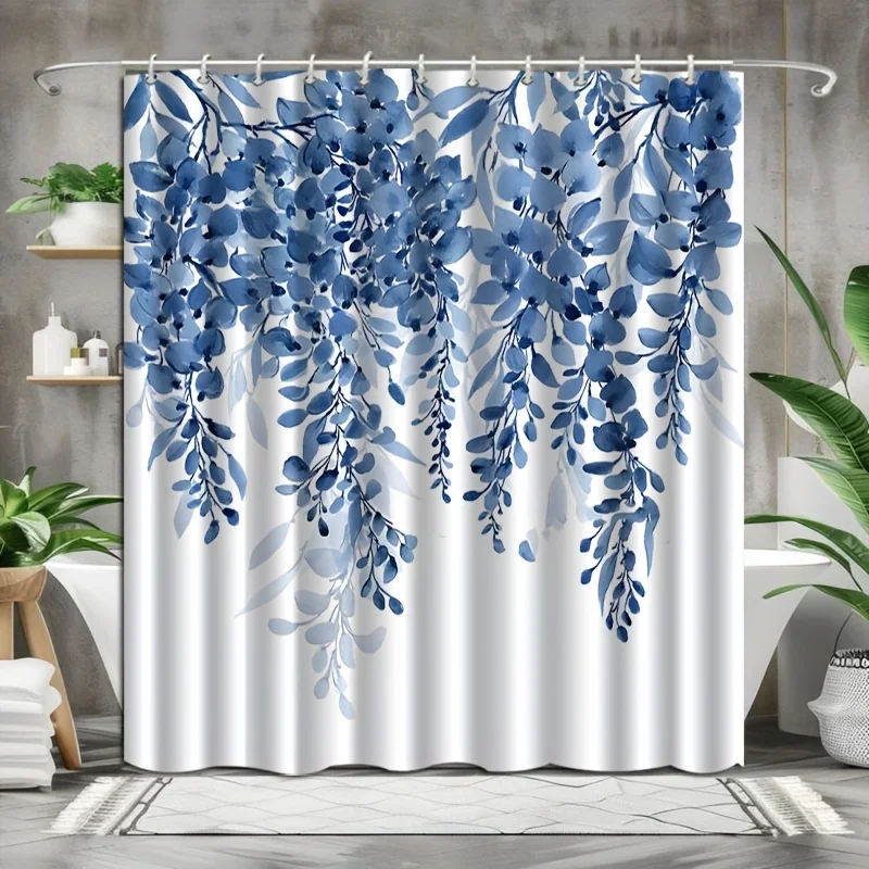 1pc a 2D Flat Printed Shower Curtain That Comes with a Hook And Showcases a Blue Branch Design, Offering a Touch of Luxury, Mach