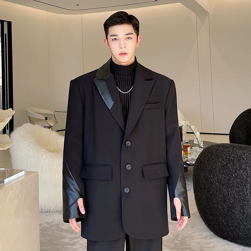 Men Fashion Show Korean Leather Splice Oversize Loose Casual Finger Sleeve Suit Jacket Blazer Man Vintage Streetwear Blazer Coat