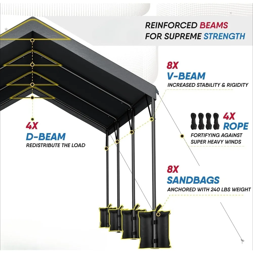 Carport, Reinforced Heavy Duty Car Interface, Height Adjustable Metal Tent, All-Season PE Tarp Awning, Portable Garage