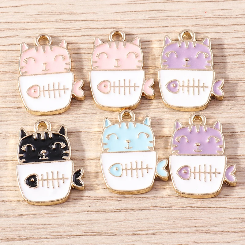 

10pcs 14x19mm Cartoon Animal Charms Enamel Cat Eat Fish Charms Pendants for Jewelry Making Necklaces Earrings DIY Craft Supplies