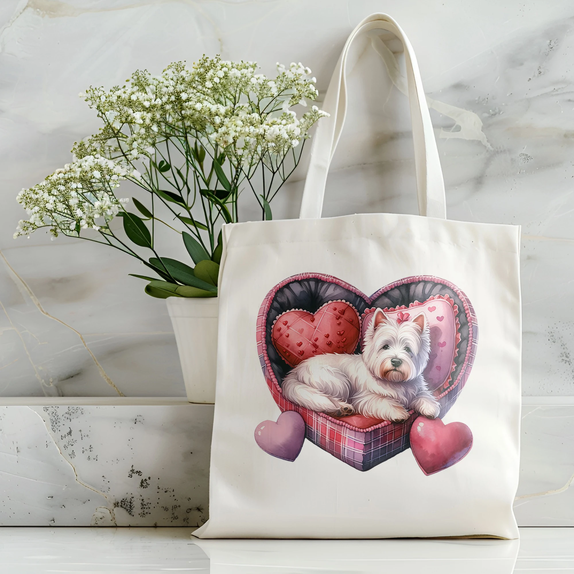 Valentine's Day West Highland Love Girl Shopping Canvas Handbag Cute Angel Puppy Cotton Women's Shoulder Bag