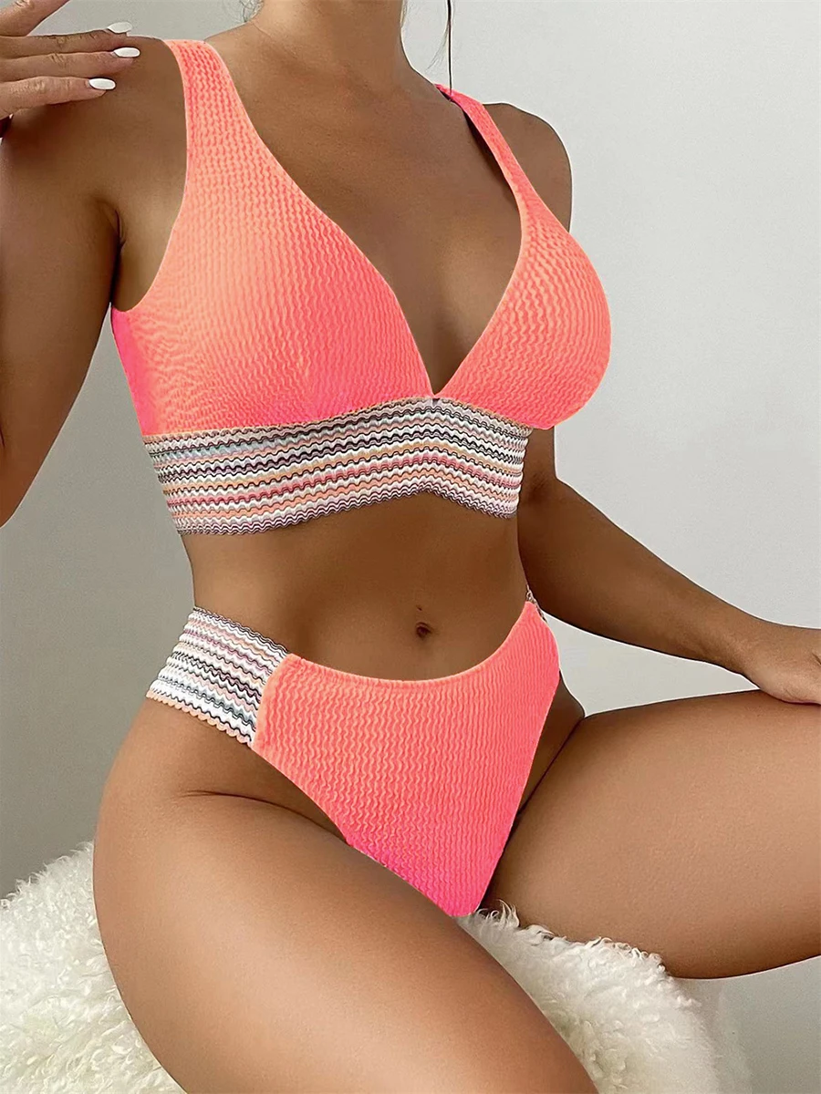 2024 Sporty Deep V Bikini Ribbed Swimsuit Solid Women Sexy Swimwear Female Bathers Bathing Swimming Swim Suit Beachwear