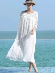 Double Layered Embroidery Cotton Ramie White Dress Spring Summer 2024 Women Loose Casual Long Robe Vestidos Female Holiday F368