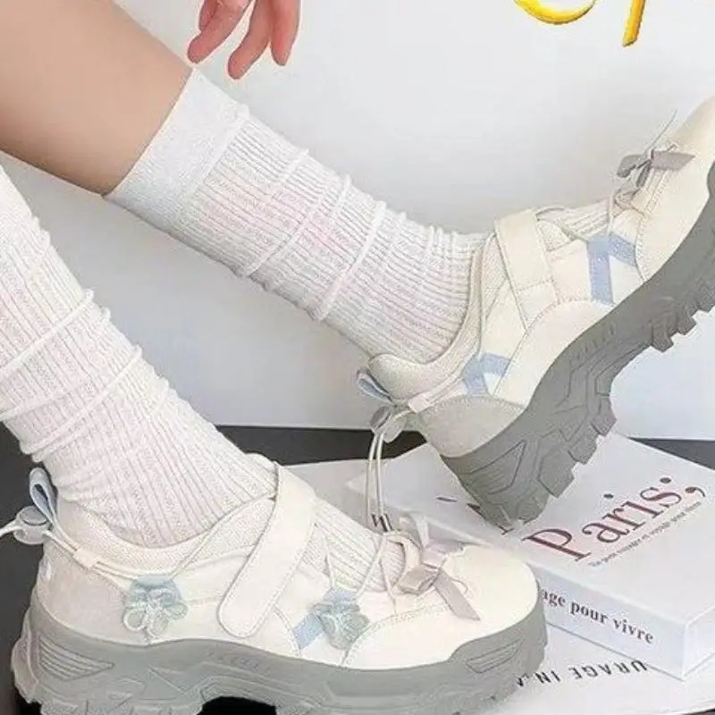 Women Mary Jane Shoes with Knot Thick Bottom Heightening Magic Tape Sports Round Head Ladies Sneakers - view 3