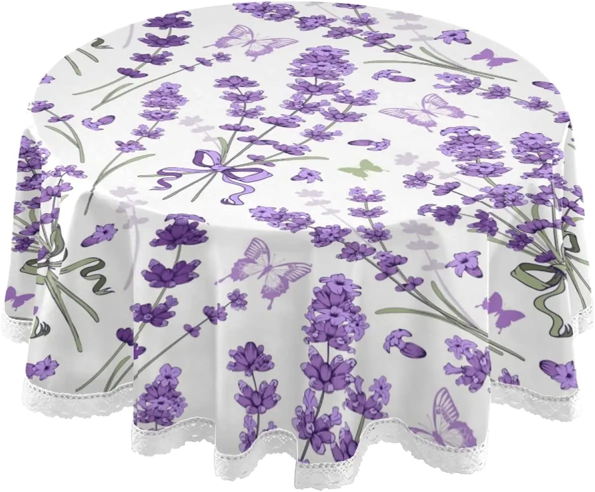 Floral Lavenders Tablecloth Purple Flowers Butterfly Round  Table Cloths Cover Washable Tabletop for Party Picnic Dining Decor