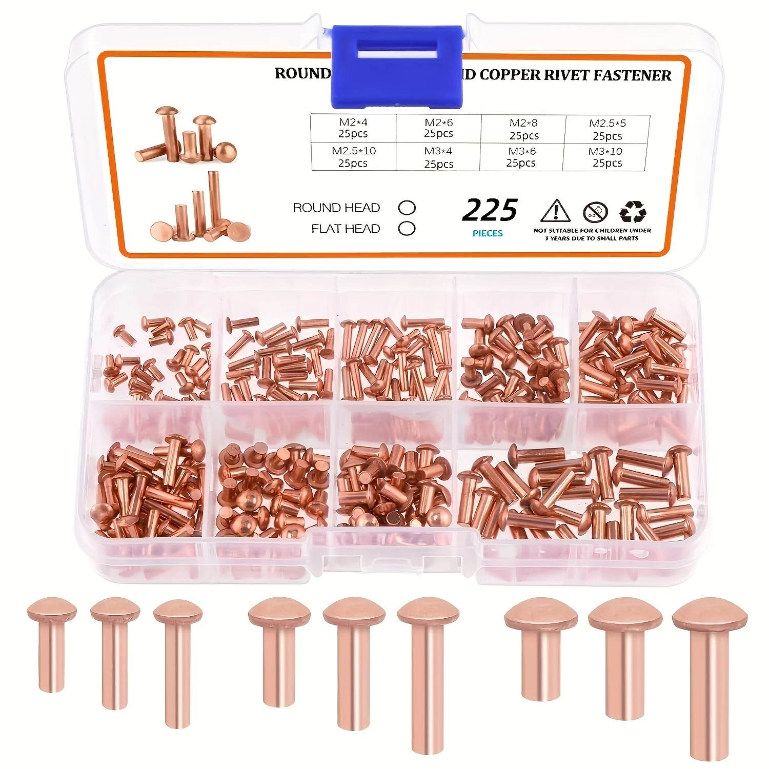 Solid Copper Rivet Set - 225pcs Flat Head or Round Head, Various Sizes M2x4/6/8, M2.5x5/8/10, M3x4/6/10 - Perfect for Faux Leather Crafts and DIY Projects