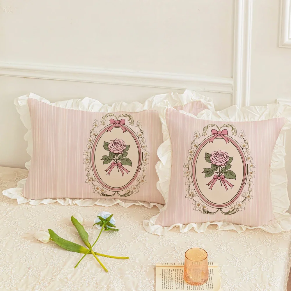 Korean Style Sweet Pillow Girl's Heart Rose Ruffled Washed Cotton Pillow Core Home Decoration Bed Sofa Pillowcase Romantic Style