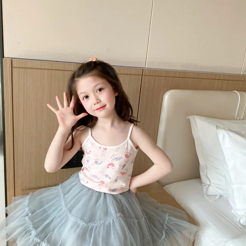 Kids Girl Suspender Cartoon-print Tank Tops for Toddlers Underwear Summer Sleeveless Loungewear Children Vest Tee Baby Clothes
