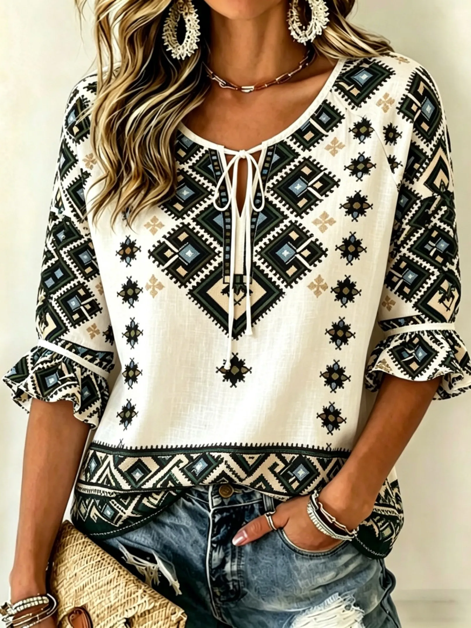 

Women's Boho Geometric Tribal Print Tie Front Blouse, Casual Loose Top for Spring Summer Daily Wear