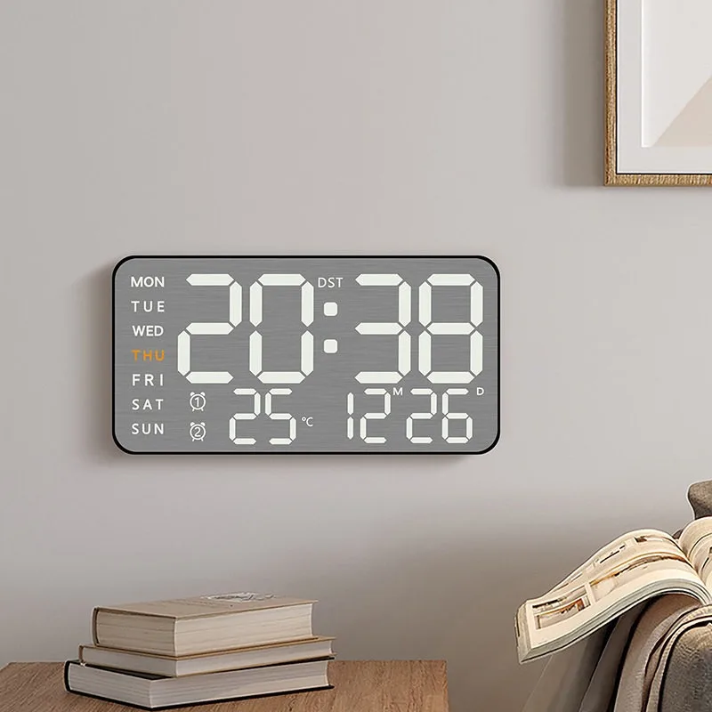 Metal brushed wall clock New multi-function electronic clock LED electronic alarm clock Simple plug-in model