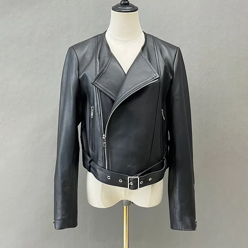 Real Leather Jacket Spring Autumn New Arrivals Women Sheepskin Leather Coat Belt Lady Crop Jackets FG5566