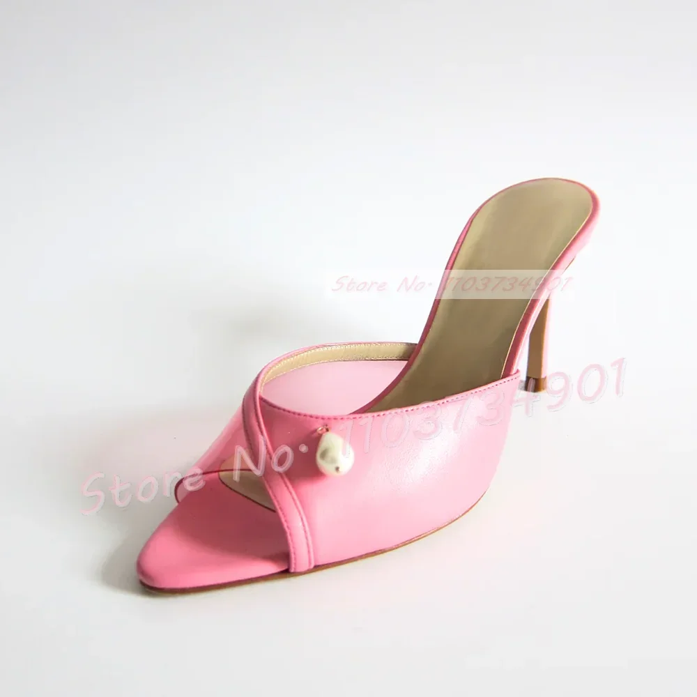 Pink Pvc Open Pointy Toe Mules With Pearl Women Elegant Party Fancy Sexy Dress Shoes Female Party Leather Splicing Slippers view 2
