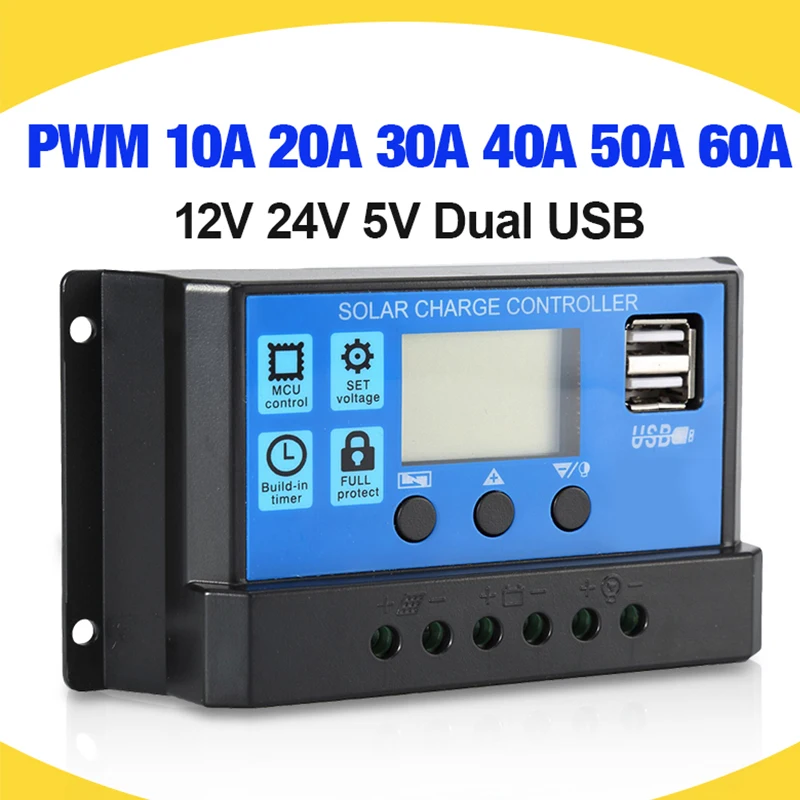 60A/50A/40A/30A/20A/10A Solar Charger Controller 12V 24V Auto PWM Controllers LCD Display 5V Dual USB Output Controller