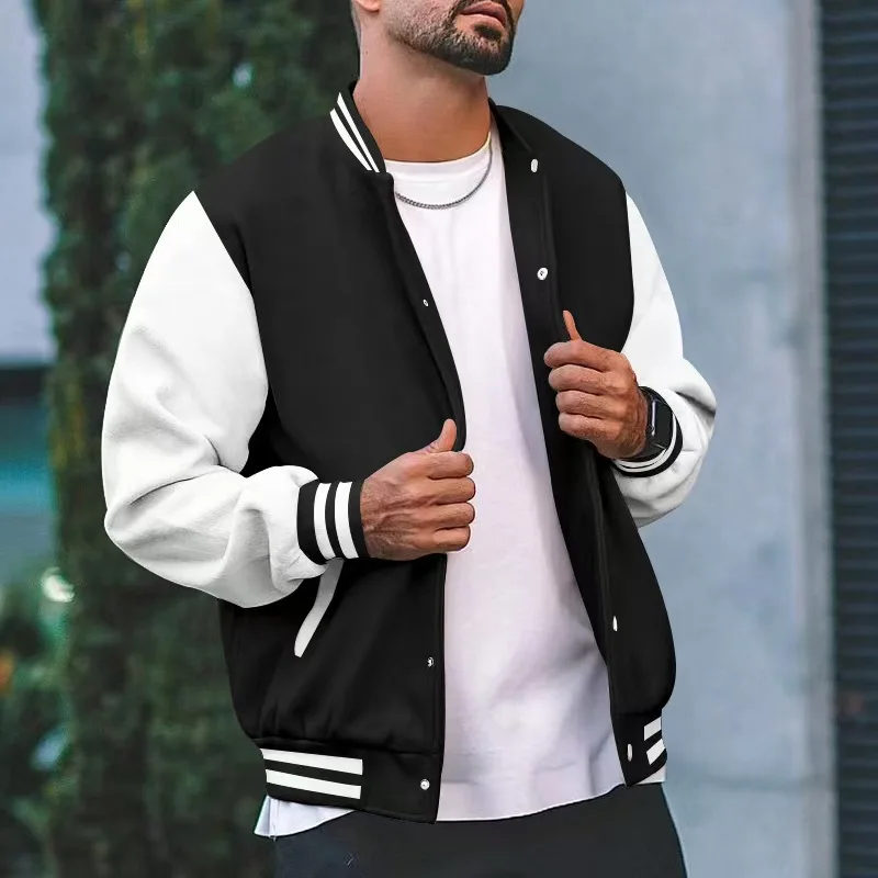 Men's Flight Jacket Spring and Autumn Fleece Classic Loose Casual Flat Machine Stand up Collar Button Baseball Jacket