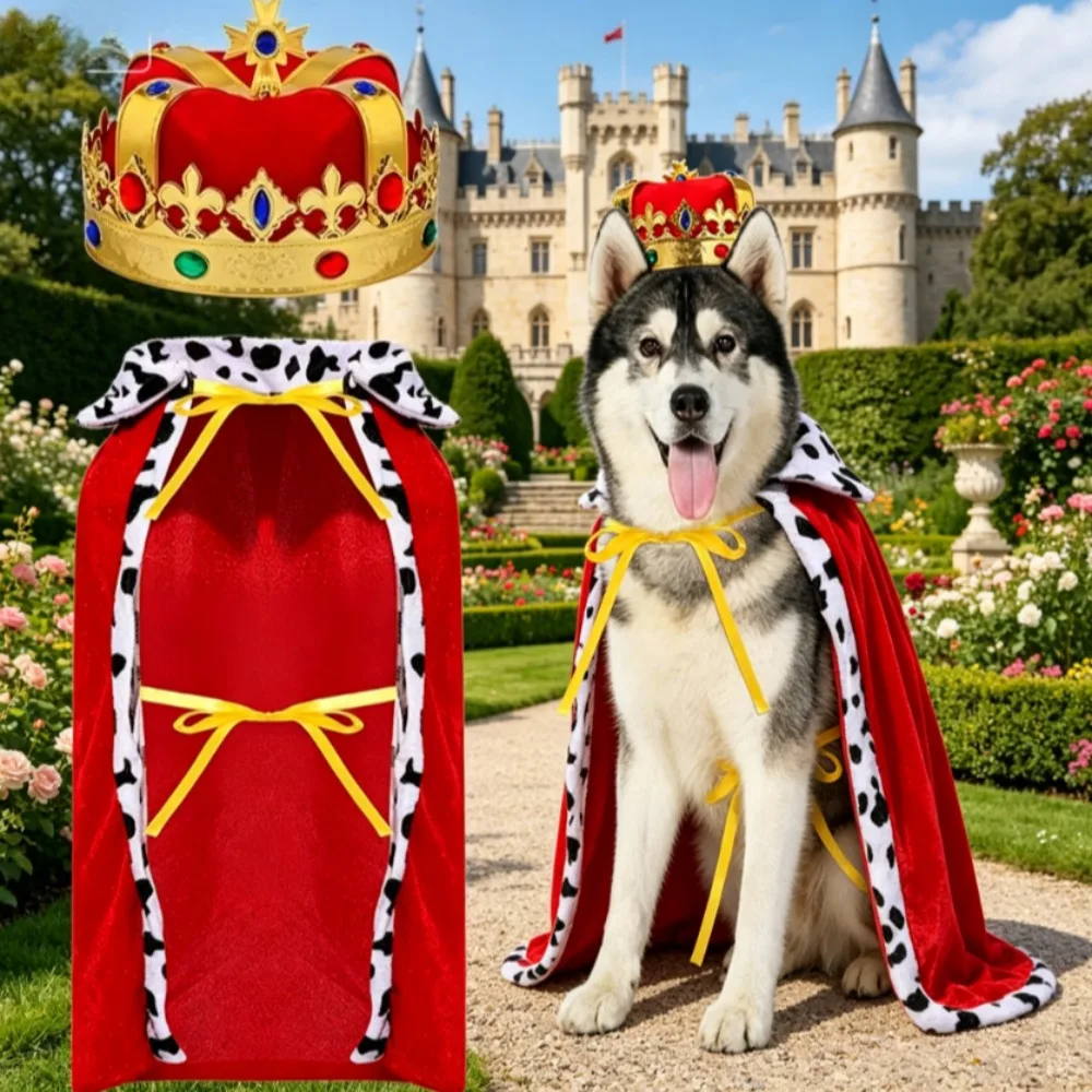 Pet King Costume Set, Dog Royal Red Cape with King Crown Puppy Halloween Birthday Party Cosplay Outfit