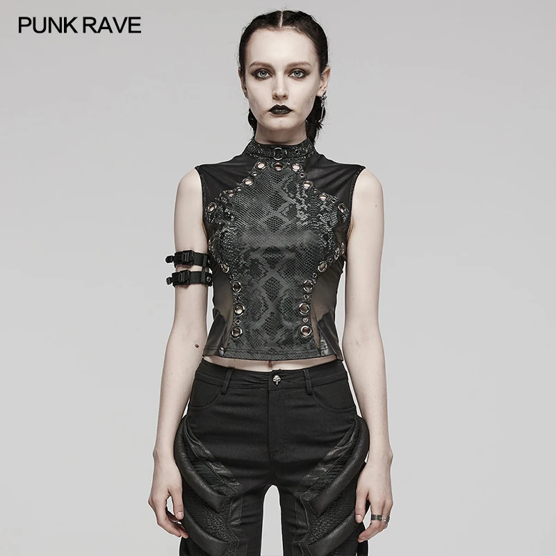 PUNK RAVE Women's Punk Top, Black Polyester Elastane Snake Print Mesh Sleeveless High Neck Top WT849