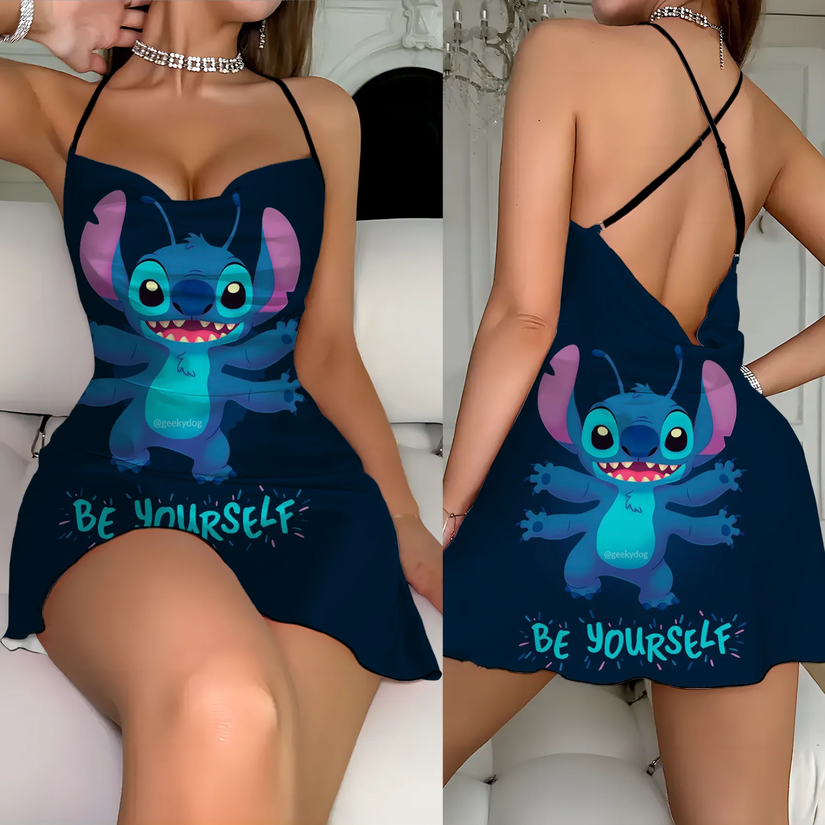 

Mini Sexy Short Dresses Fat Fat Summer Dress for Women Crew Neck Lettuce Trim Disney Stitch Fashion 2024 Elegant Backless Neck
