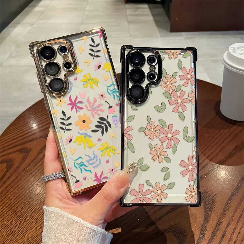 Clear Shockproof Phone Case For Samsung Galaxy A73 A53 A33 5G A54 A34 A24 A14 A23 4G A13 Fashion Flowers Pattern Plating Cover