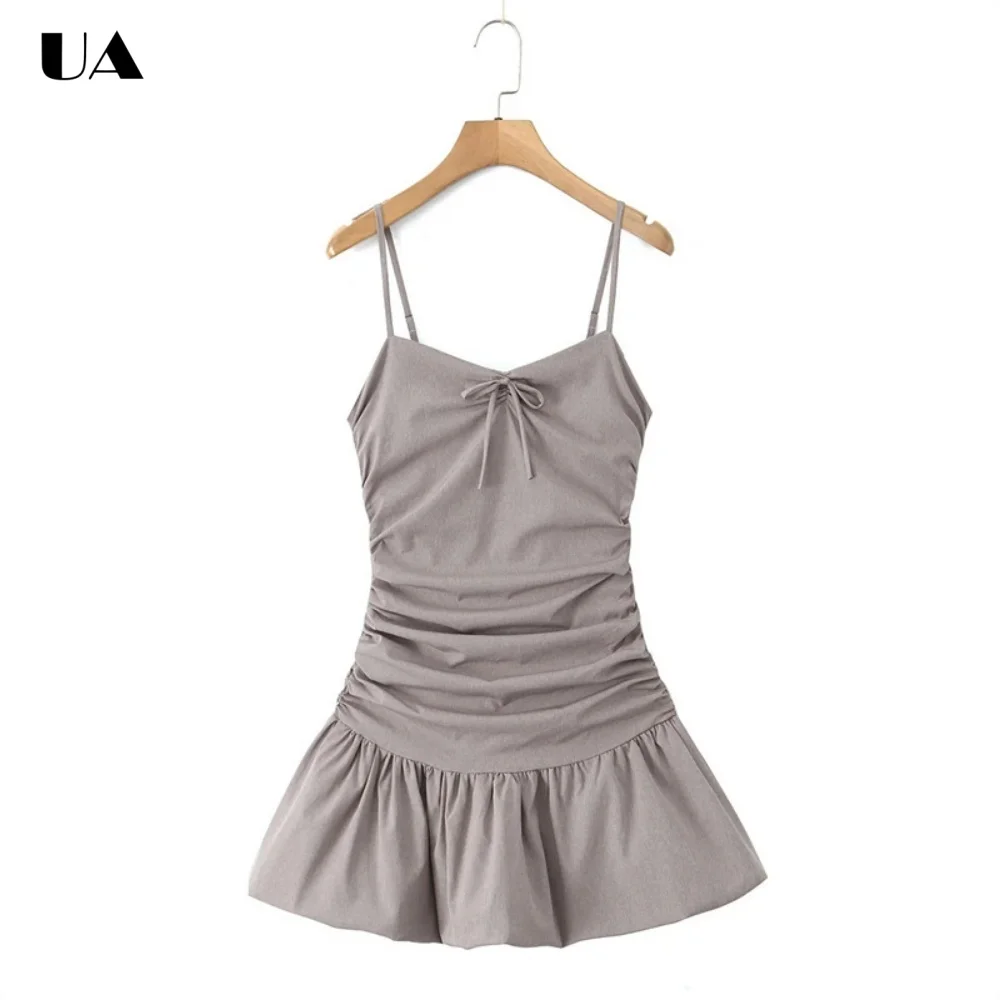 

Trendy Fit-and-flare V-Neck Bow Mini Dress with Spaghetti Strap Hotsweet Backless Shirring Short Dress Fashionable Ruched Dress
