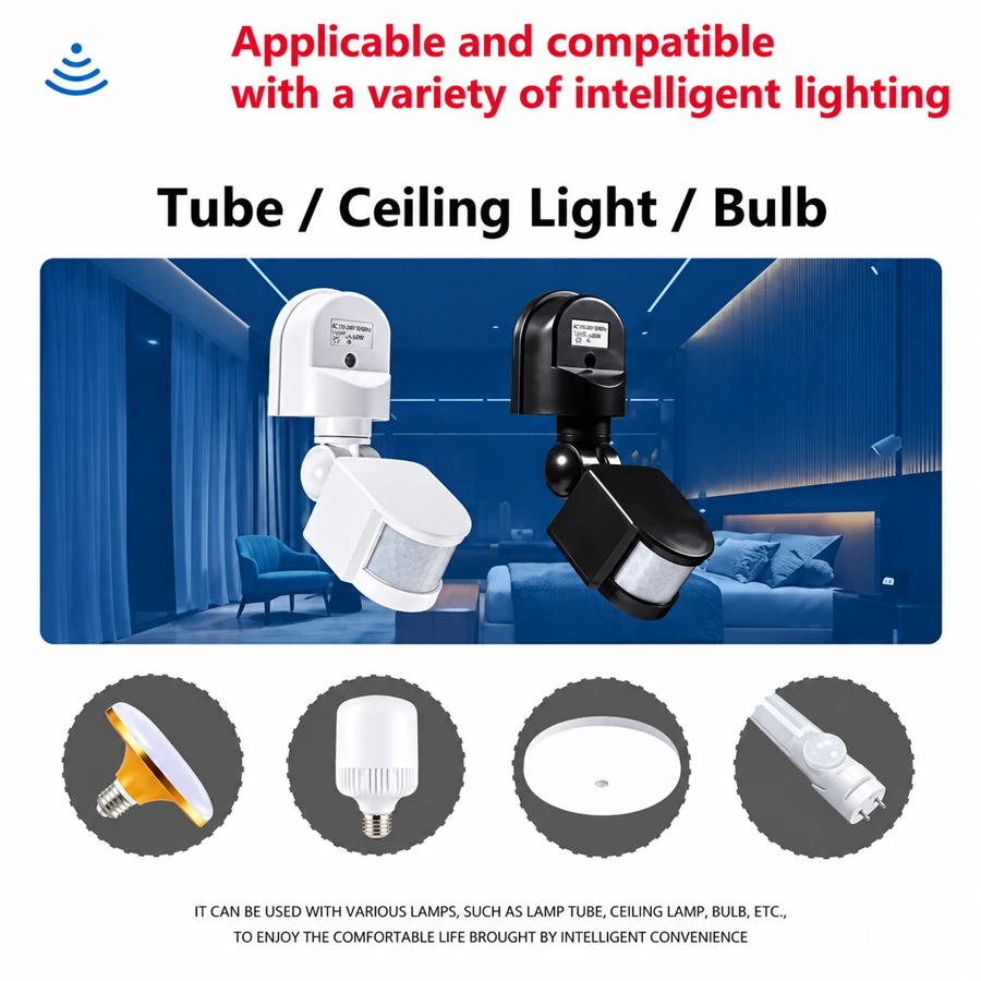 PIR LED Light Motion Sensor 85-265V Automatic Infrared Light Sensor Movement Detector Outdoor Timer Switch 180 Degree Rotating