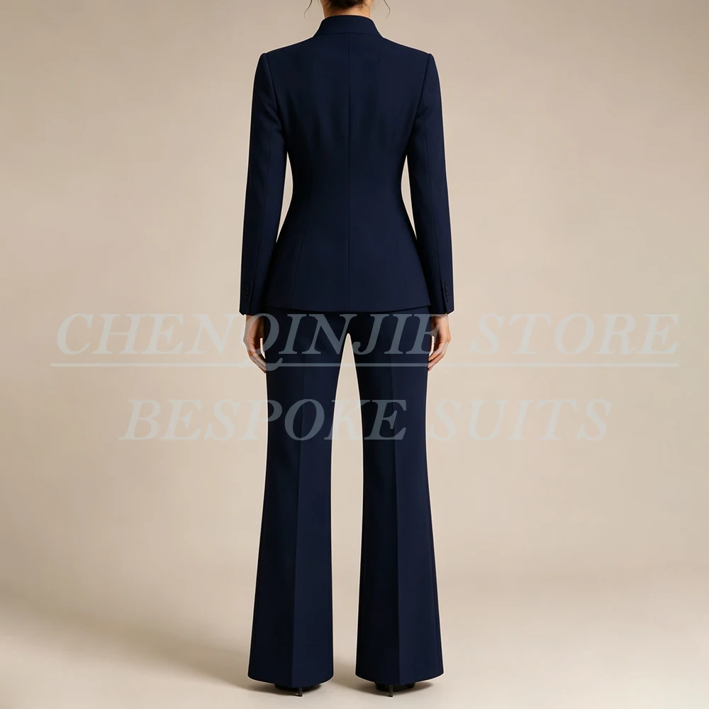 Navy Blue Slim Fit Women's Suits 2 Piece Elegant Single Breasted Stand Lapel Designer Jacket Pants Sets High Quality Clothing