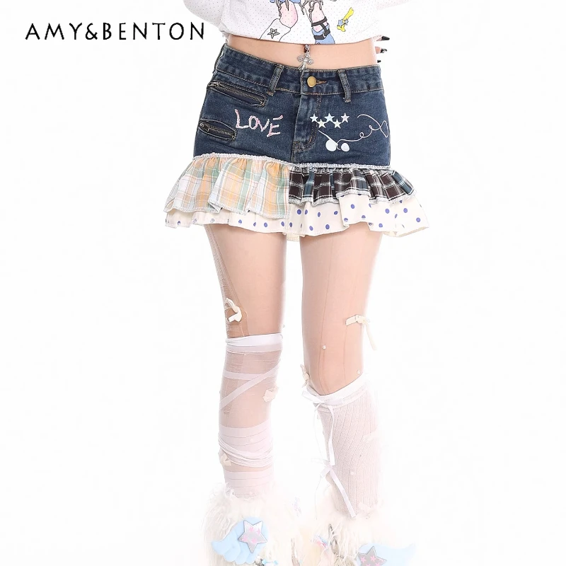 

2025 Summer New Plaid Polka Dot Splicing Women's A-line Skirt Original Design Retro Slimming Denim Puffy Short Skirts Ladies
